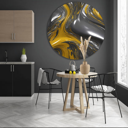 Dynamische Abstractie in Zilver en Geel aluminium muurcirkel