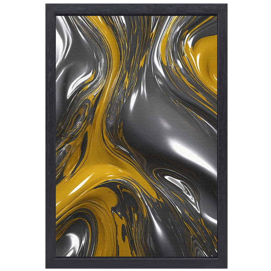 Dynamische Abstractie in Zilver en Geel canvas met baklijst
