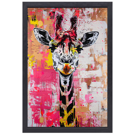 Kleurrijke giraffe met graffiti accenten canvas met baklijst