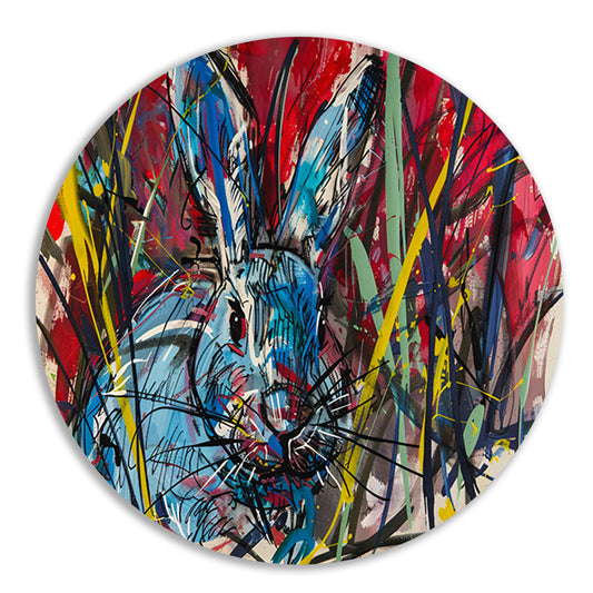 Kleurrijk abstract schilderij van een konijn aluminium muurcirkel