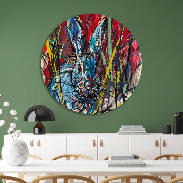 Kleurrijk abstract schilderij van een konijn aluminium muurcirkel