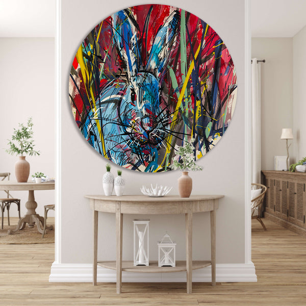Kleurrijk abstract schilderij van een konijn aluminium muurcirkel