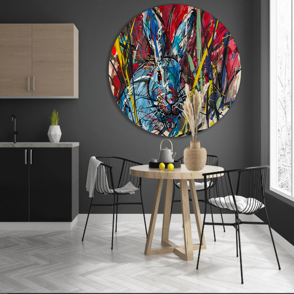 Kleurrijk abstract schilderij van een konijn aluminium muurcirkel