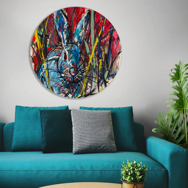 Kleurrijk abstract schilderij van een konijn aluminium muurcirkel