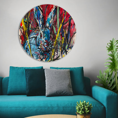 Kleurrijk abstract schilderij van een konijn aluminium muurcirkel