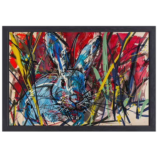 Kleurrijk abstract schilderij van een konijn canvas met baklijst