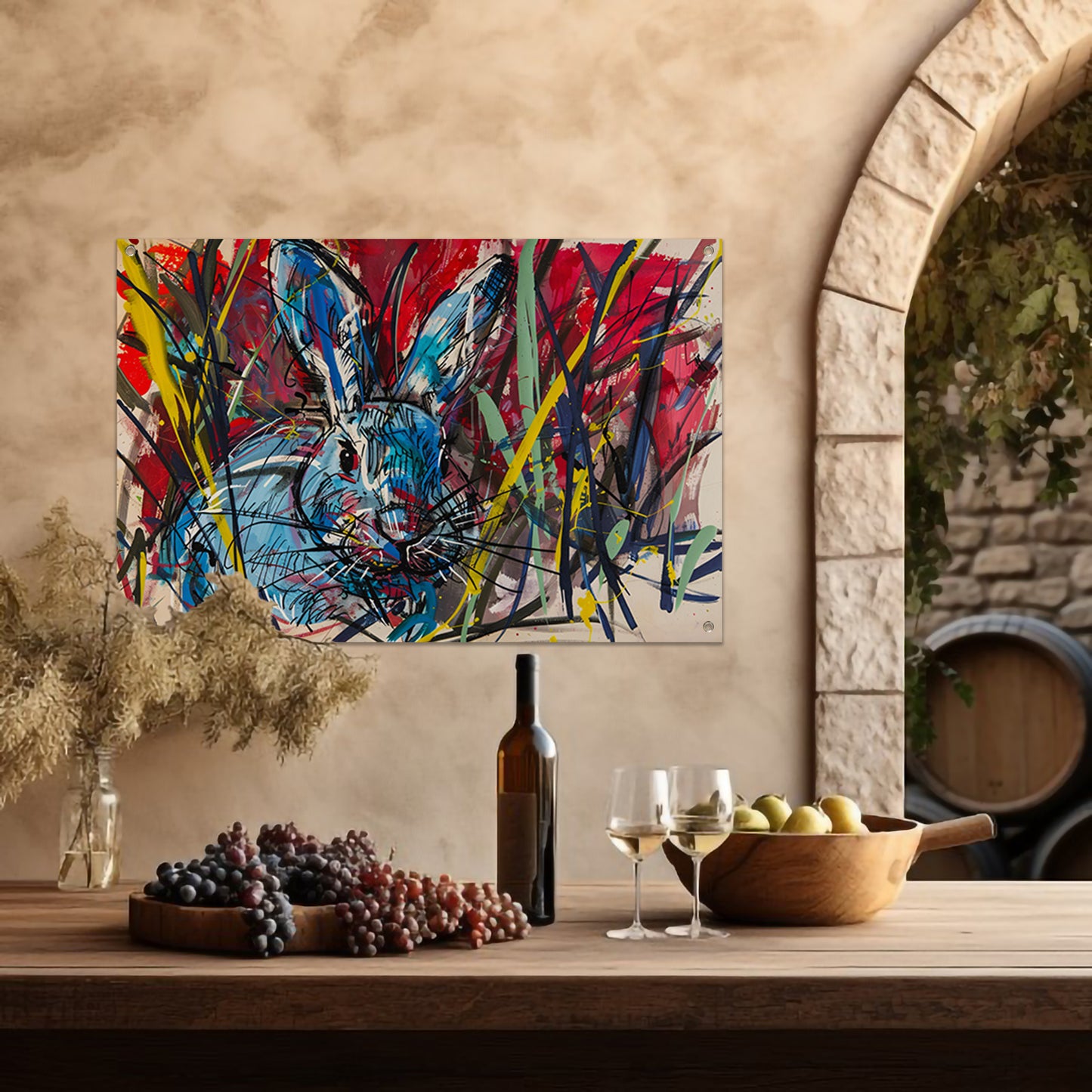 Kleurrijk abstract schilderij van een konijn tuinposter