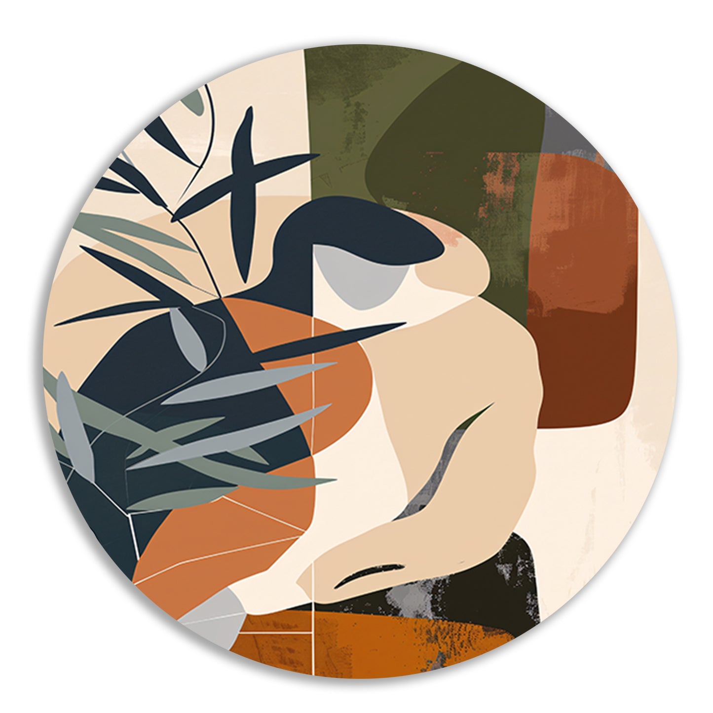 Abstract vrouw omringd door planten aluminium muurcirkel