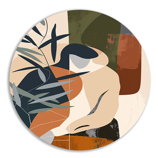 Abstract vrouw omringd door planten aluminium muurcirkel