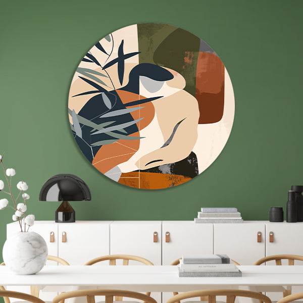 Abstract vrouw omringd door planten aluminium muurcirkel