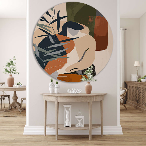 Abstract vrouw omringd door planten aluminium muurcirkel