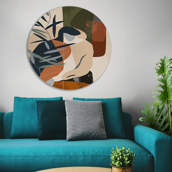 Abstract vrouw omringd door planten aluminium muurcirkel