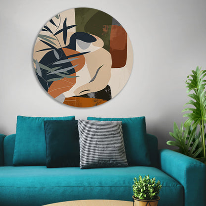 Abstract vrouw omringd door planten aluminium muurcirkel