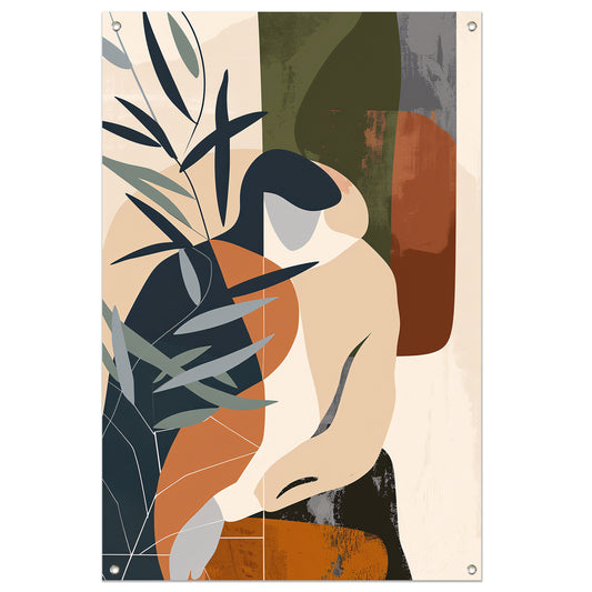 Abstract vrouw omringd door planten tuinposter