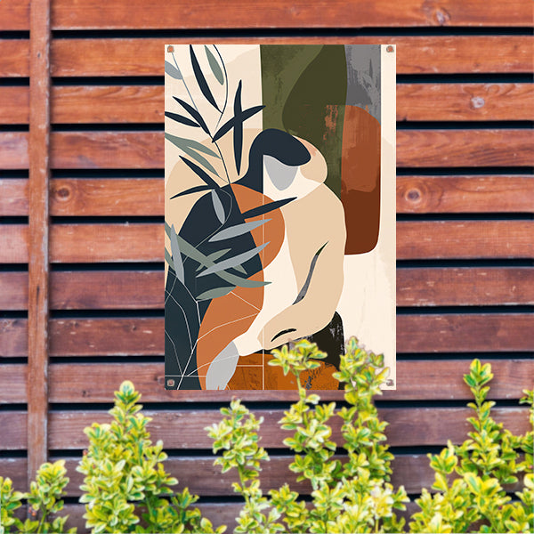 Abstract vrouw omringd door planten tuinposter