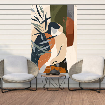Abstract vrouw omringd door planten tuinposter