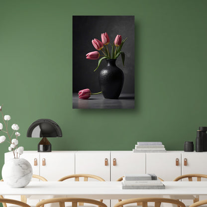 Stilleven met roze tulpen in donkere vaas canvas