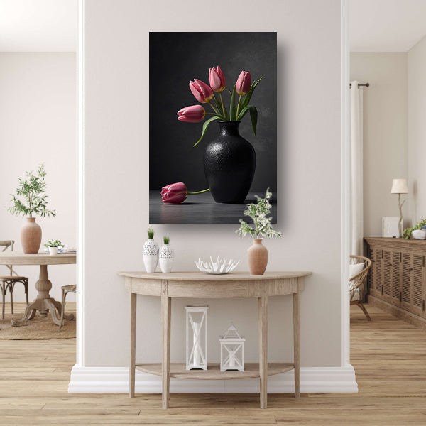 Stilleven met roze tulpen in donkere vaas canvas