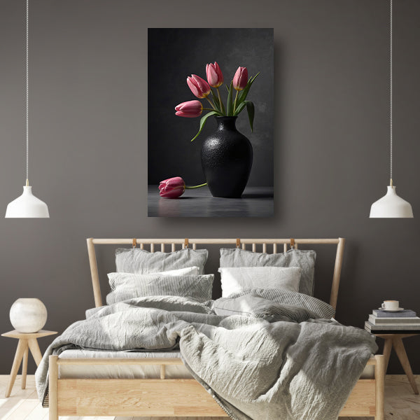 Stilleven met roze tulpen in donkere vaas canvas
