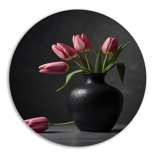 Stilleven met roze tulpen in donkere vaas aluminium muurcirkel