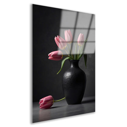 Stilleven met roze tulpen in donkere vaas acrylglas