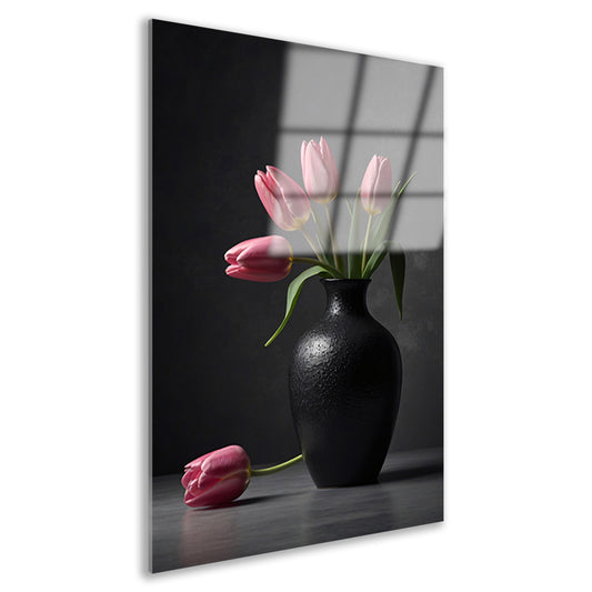 Stilleven met roze tulpen in donkere vaas acrylglas