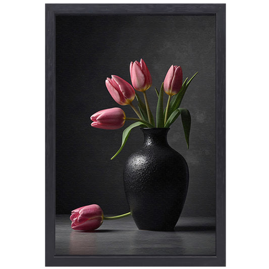 Stilleven met roze tulpen in donkere vaas canvas met baklijst