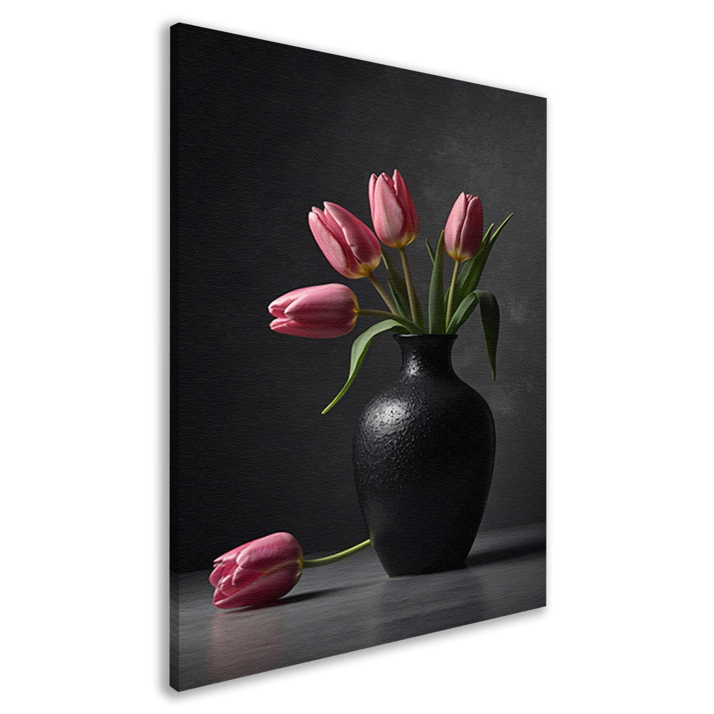 Stilleven met roze tulpen in donkere vaas canvas