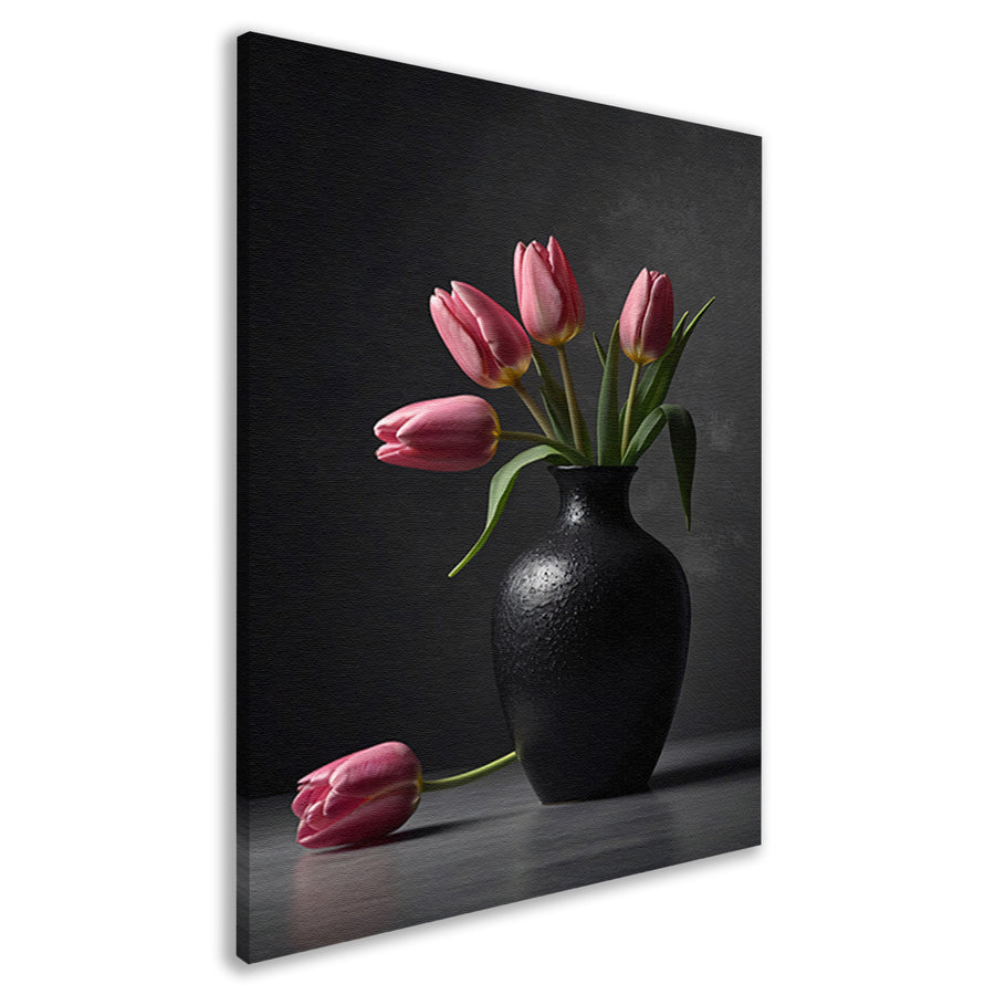 Stilleven met roze tulpen in donkere vaas canvas