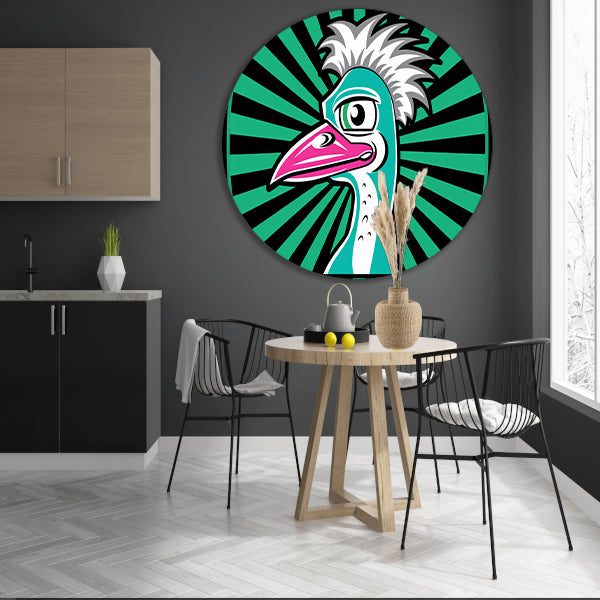 Kleurrijke vogel illustratie in moderne kunst aluminium muurcirkel