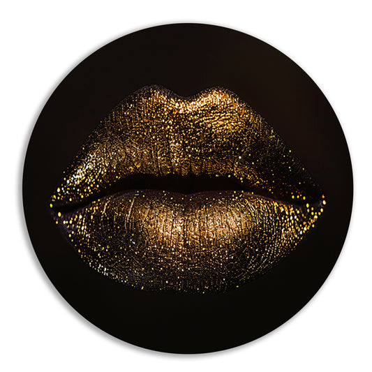 Gouden glitterlippen in close-up portret aluminium muurcirkel