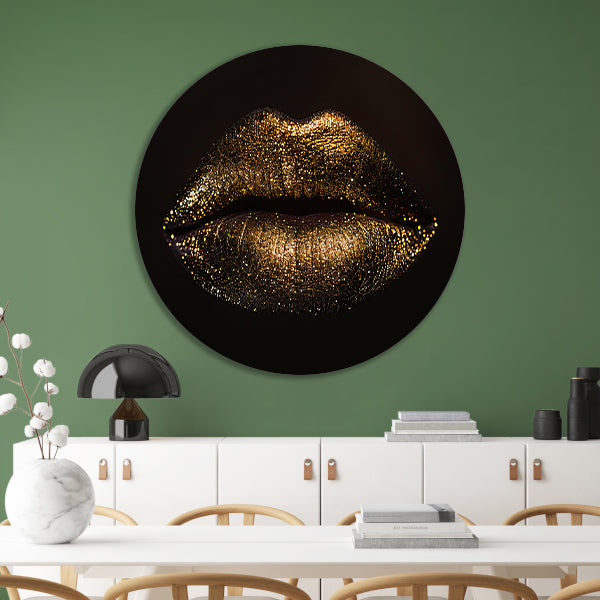Gouden glitterlippen in close-up portret aluminium muurcirkel
