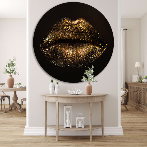 Gouden glitterlippen in close-up portret aluminium muurcirkel
