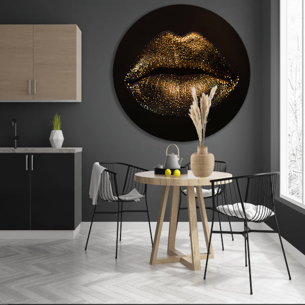 Gouden glitterlippen in close-up portret aluminium muurcirkel