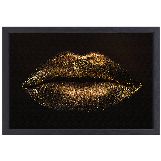 Gouden glitterlippen in close-up portret canvas met baklijst