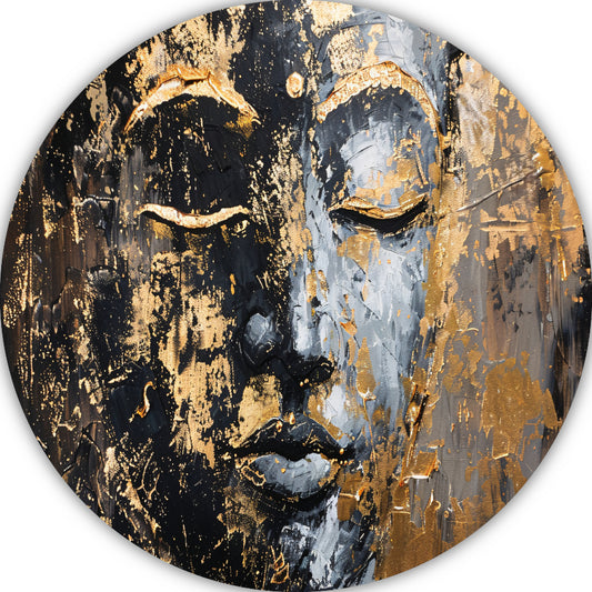 Moderne abstracte interpretatie van Boeddha in goud en zwart aluminium muurcirkel