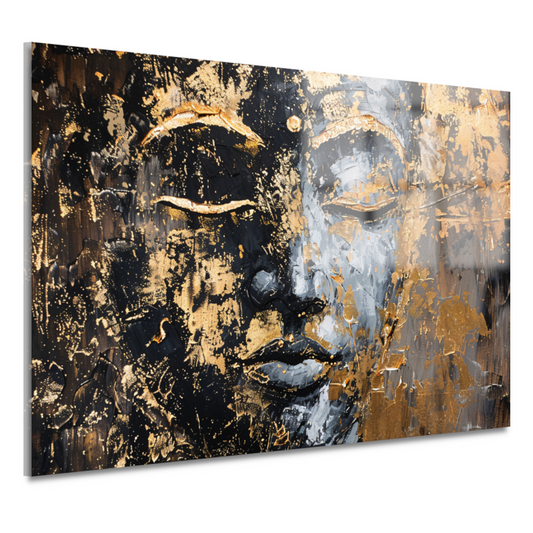 Moderne abstracte interpretatie van Boeddha in goud en zwart acrylglas