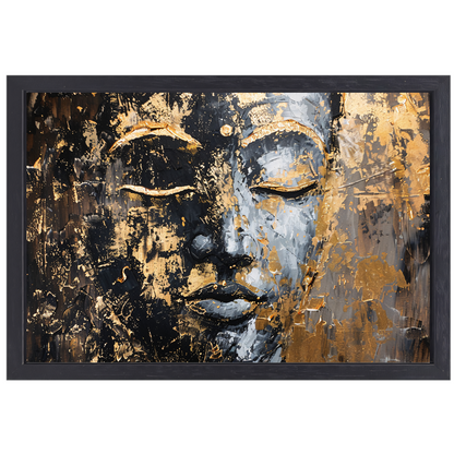 Moderne abstracte interpretatie van Boeddha in goud en zwart canvas met baklijst