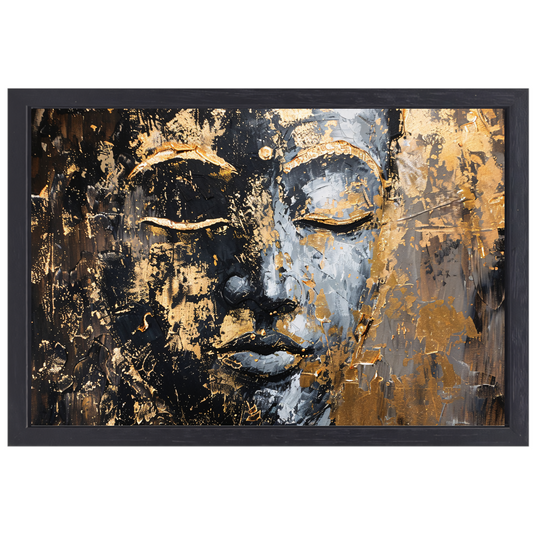 Moderne abstracte interpretatie van Boeddha in goud en zwart canvas met baklijst