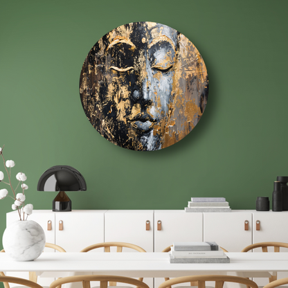 Moderne abstracte interpretatie van Boeddha in goud en zwart aluminium muurcirkel
