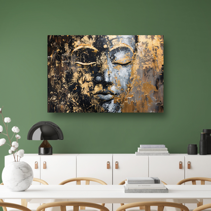 Moderne abstracte interpretatie van Boeddha in goud en zwart acrylglas