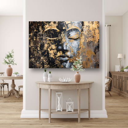 Moderne abstracte interpretatie van Boeddha in goud en zwart acrylglas