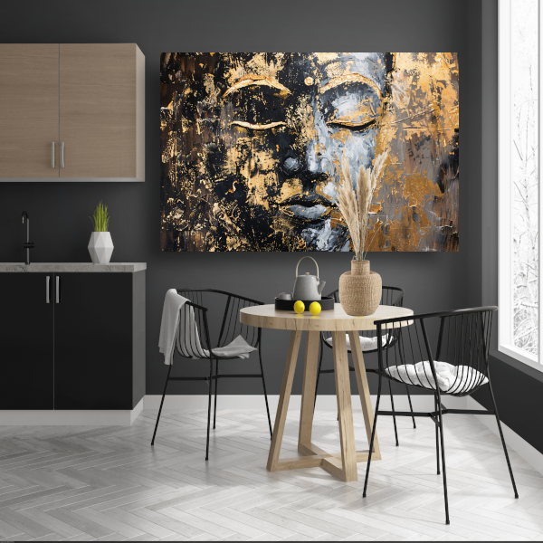 Moderne abstracte interpretatie van Boeddha in goud en zwart acrylglas