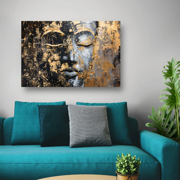 Moderne abstracte interpretatie van Boeddha in goud en zwart acrylglas