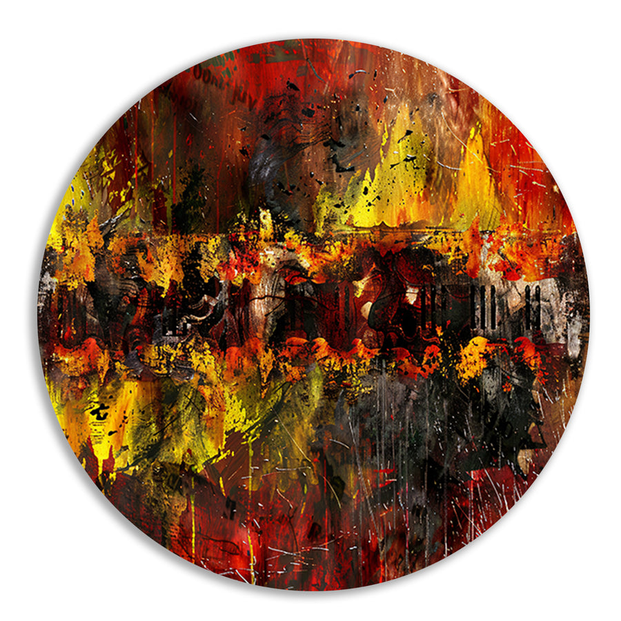 Dynamische abstracte kunst met vurige kleuren   aluminium muurcirkel