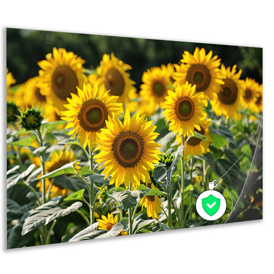 Veld met stralende zonnebloemen in de zon   poster