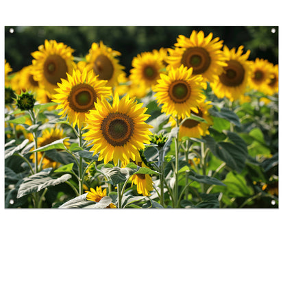 Veld met stralende zonnebloemen in de zon   tuinposter