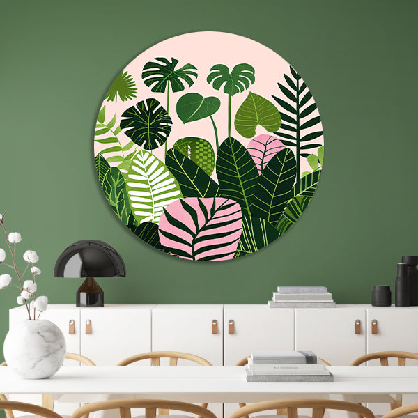 Kleurrijke digitale kunst van bladeren en planten forex muurcirkel