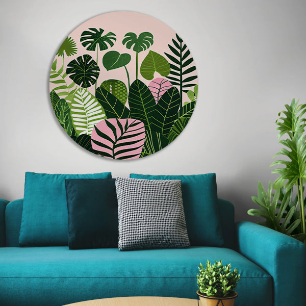 Kleurrijke digitale kunst van bladeren en planten aluminium muurcirkel