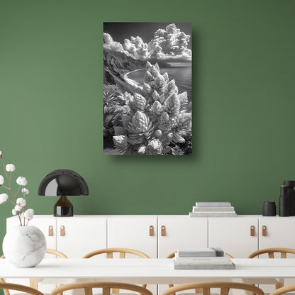 Zwart-wit kustlandschap met bloeiende planten canvas